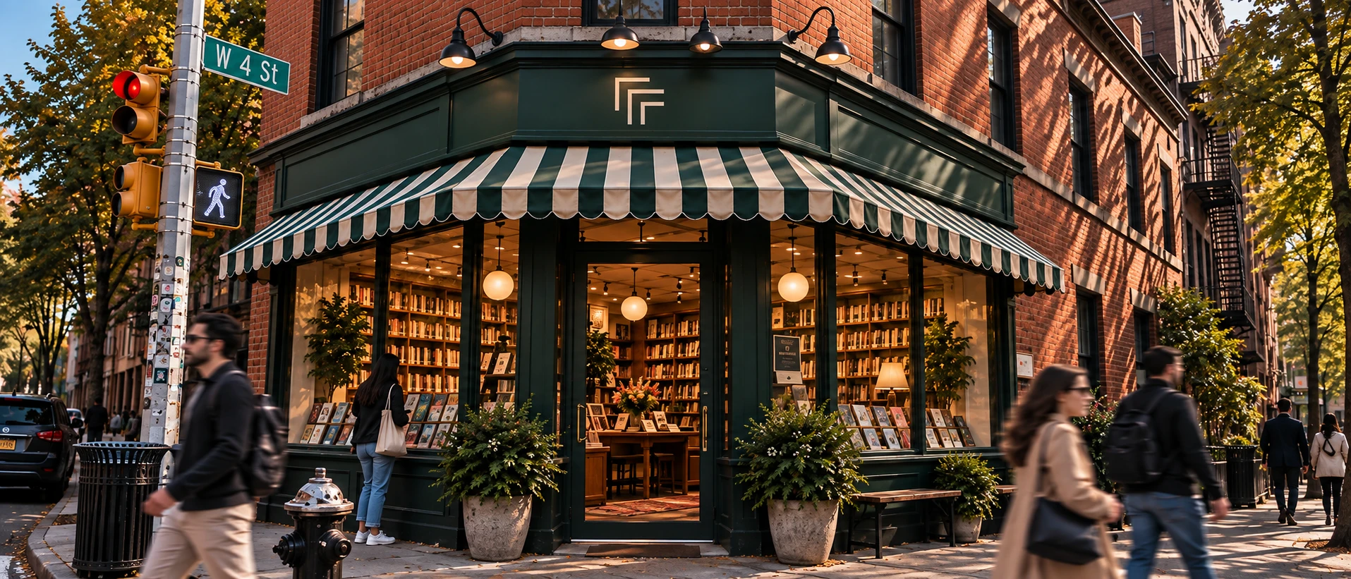 A welcoming brick corner bookstore with green striped awnings, a Cornershop emblem above the entrance, and warmly lit interiors